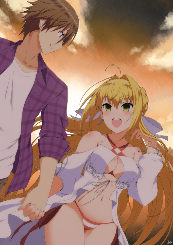 1girl :d bikini blonde_hair blush bow breasts brown_hair cleavage commentary_request criss-cross_halter earrings eye_contact fate/extella fate/extra fate/grand_order fate_(series) green_eyes hair_bow halterneck holding_hands jewelry kishinami_hakuno_(male) large_breasts long_hair looking_at_another navel nero_claudius_(fate)_(all) nero_claudius_(swimsuit_caster)_(fate) ookami_maito open_mouth side-tie_bikini smile striped striped_bikini swimsuit very_long_hair
