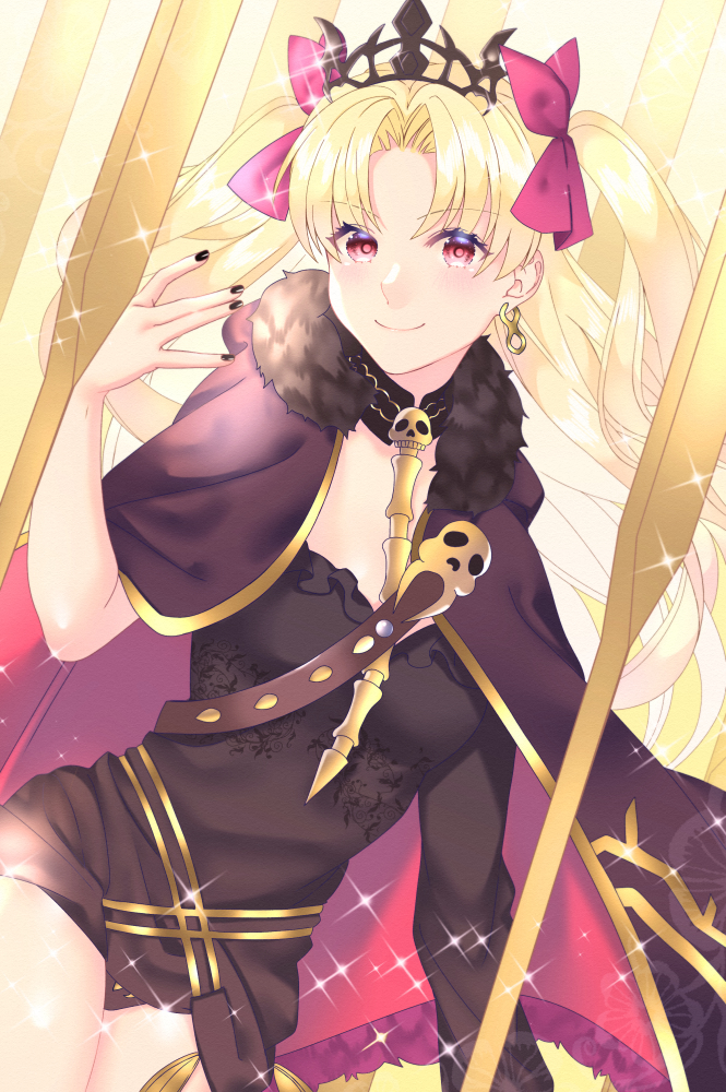 1girl akapug621 black_cape black_leotard black_nails blonde_hair bow cape cowboy_shot diadem earrings ereshkigal_(fate/grand_order) eyebrows_visible_through_hair fate/grand_order fate_(series) fur_trim hair_bow jewelry leotard long_hair looking_at_viewer nail_polish red_bow red_eyes solo sparkle standing twintails very_long_hair