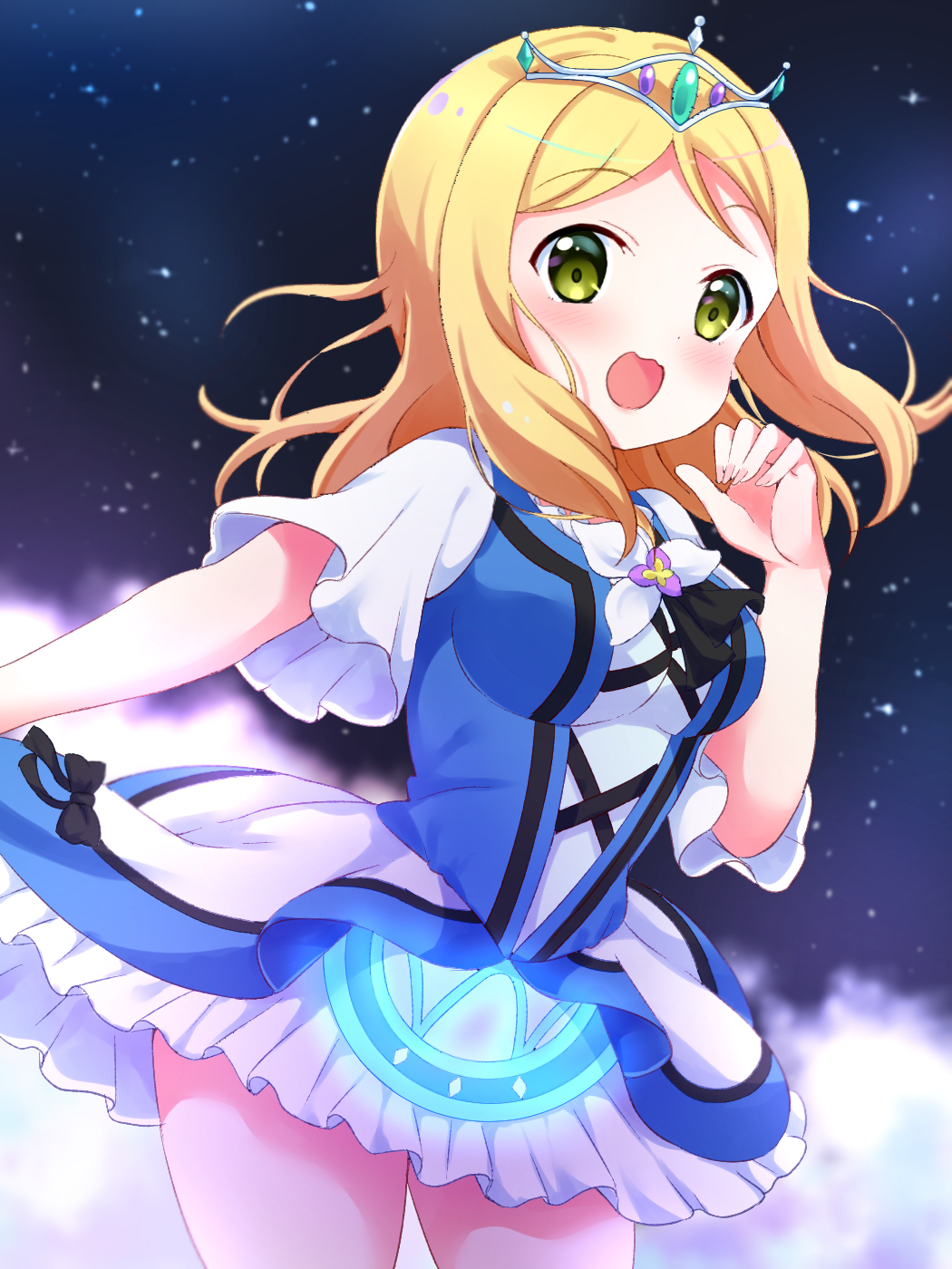 :d black_bow blonde_hair blush bow cowboy_shot cross-laced_clothes dress frilled_dress frills green_eyes hand_up highres long_hair looking_at_viewer love_live! love_live!_sunshine!! multicolored_neckwear night night_sky ohara_mari open_mouth outdoors overskirt pipette1223 short_sleeves sky smile solo star_(sky) starry_sky tiara water_blue_new_world