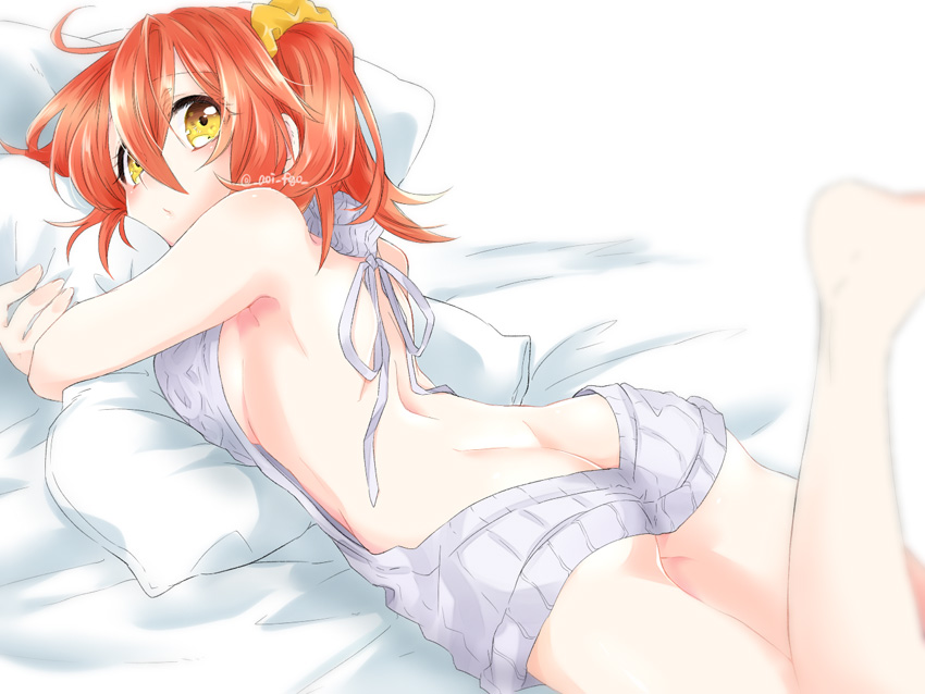 1girl ass bed_sheet eyebrows_visible_through_hair fate/grand_order fate_(series) fujimaru_ritsuka_(female) grey_ribbon grey_sweater hair_between_eyes hair_ornament hair_scrunchie looking_at_viewer lying meme_attire on_stomach pillow pillow_hug red_hair scrunchie shino-o shiny shiny_hair side_ponytail solo sweater virgin_killer_sweater yellow_eyes yellow_scrunchie