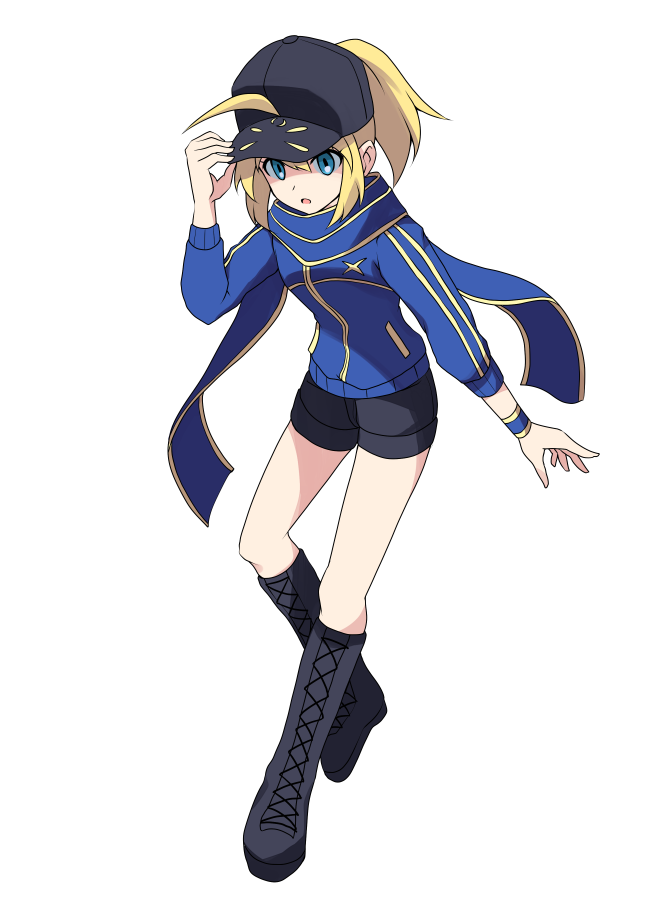 1girl ahoge artoria_pendragon_(all) black_footwear black_hat black_shorts blonde_hair blue_eyes blue_scarf blue_sweater boots cross_(crossryou) fate/grand_order fate_(series) full_body hair_between_eyes hat knee_boots long_hair long_sleeves mysterious_heroine_x open_mouth peaked_cap ponytail print_hat scarf short_shorts shorts simple_background solo sweater white_background wristband