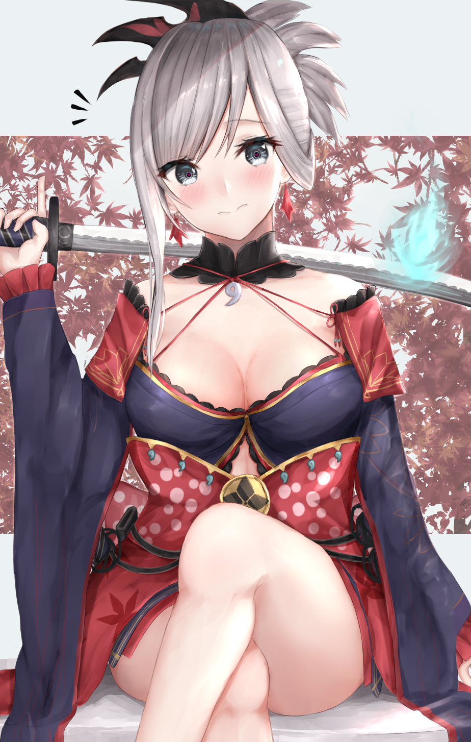 1girl asymmetrical_hair bangs blue_sleeves blush breasts choker cleavage detached_sleeves fate/grand_order fate_(series) grey_eyes hair_ornament head_tilt highres holding holding_sword holding_weapon katana large_breasts legs_crossed long_sleeves looking_at_viewer magatama_necklace miyamoto_musashi_(fate/grand_order) silver_hair sitting solo swept_bangs sword tied_hair user_yexh7882 weapon wide_sleeves