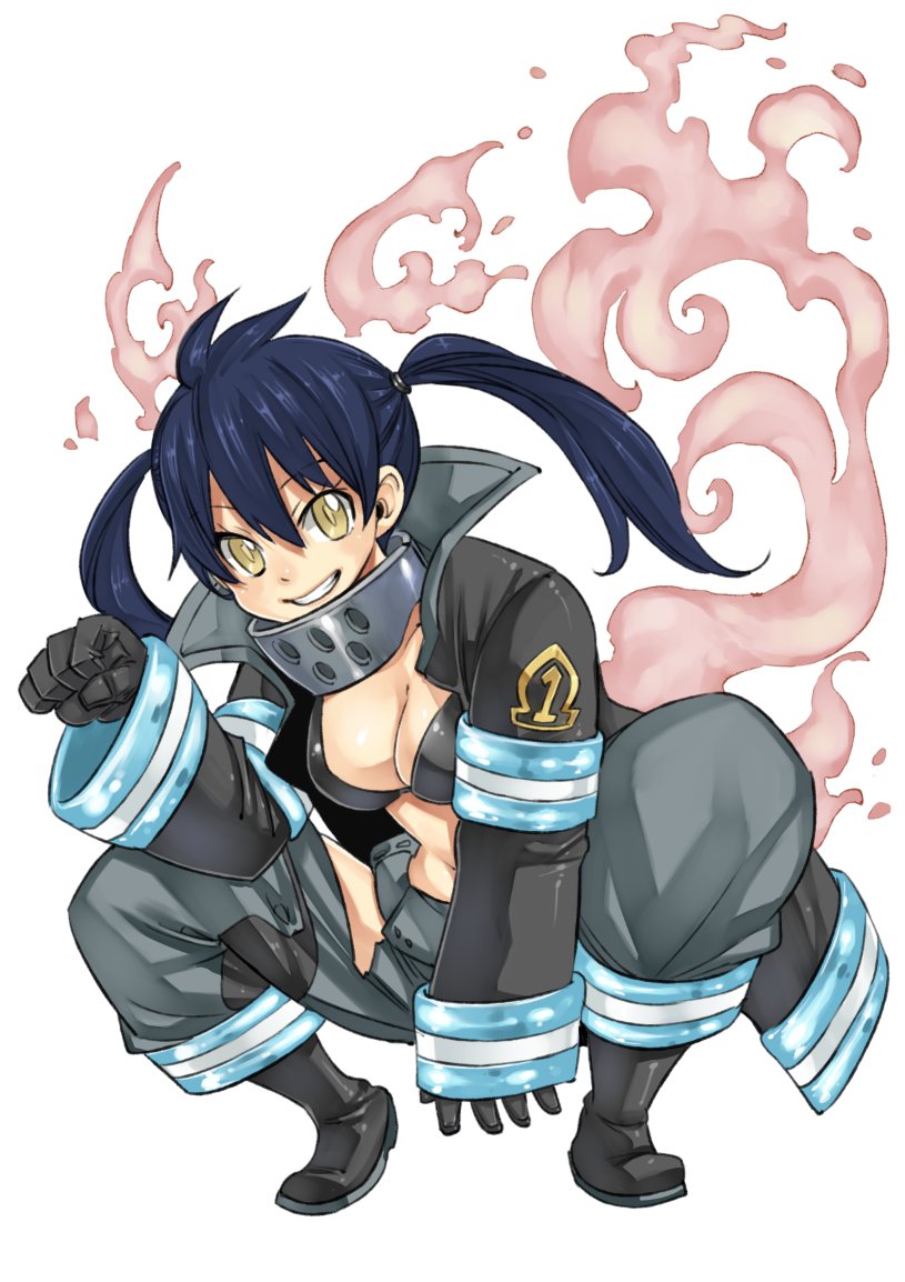 1girl black_bikini_top black_coat black_gloves blue_hair boots breasts brown_footwear character_request cleavage coat collarbone eyebrows_visible_through_hair gloves grey_pants grin hair_between_eyes long_hair looking_at_viewer mashima_hiro medium_breasts midriff navel open_clothes open_coat pants shiny shiny_clothes shiny_hair simple_background smile solo squatting stomach torn_clothes torn_pants twintails white_background yellow_eyes
