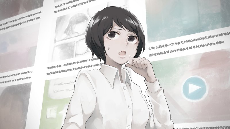 :o black_eyes black_hair collared_shirt commentary_request hand_up long_sleeves open_mouth original play_button shirt solo sweatdrop upper_body white_shirt wing_collar yajirushi_(chanoma)