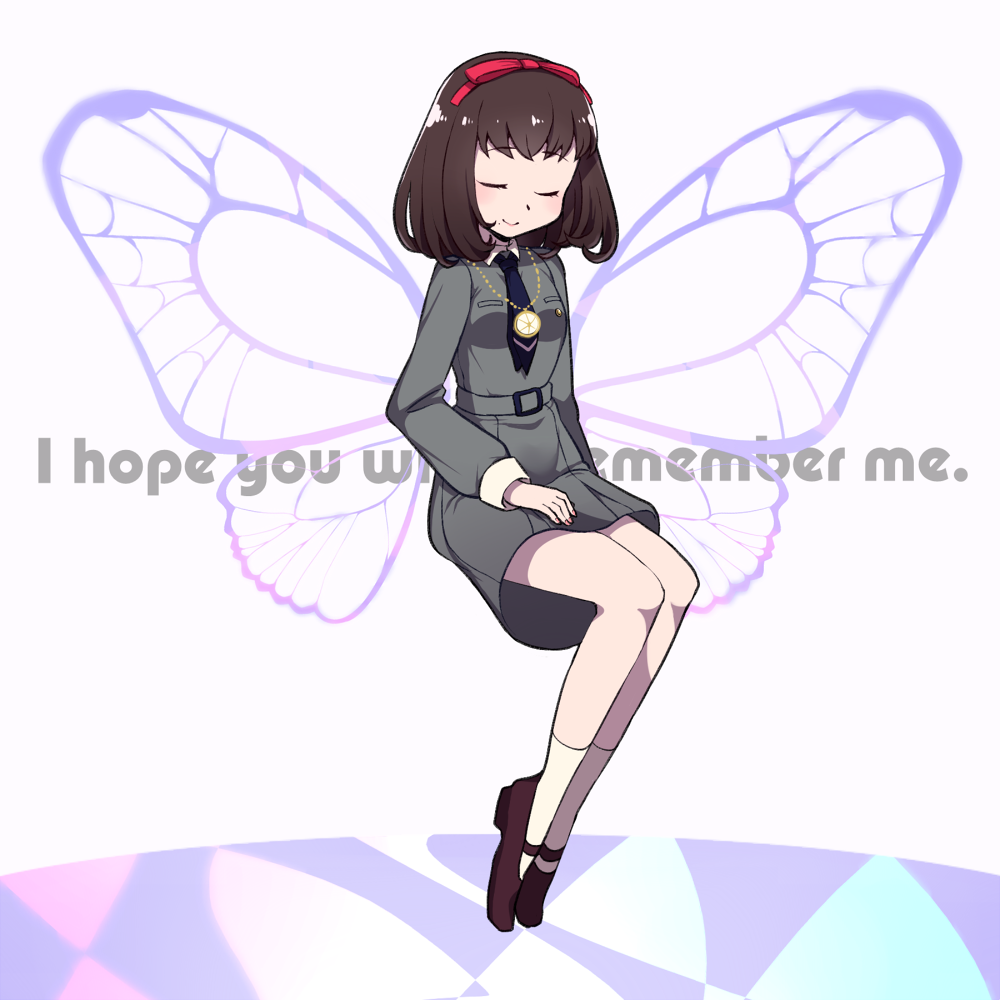 butterfly_wings closed_eyes do_m_kaeru english grey_background invisible_chair jewelry mary_janes neckerchief necklace persona persona_1 school_uniform shoes short_hair simple_background sitting smile solo sonomura_maki st._hermelin_school_uniform wings