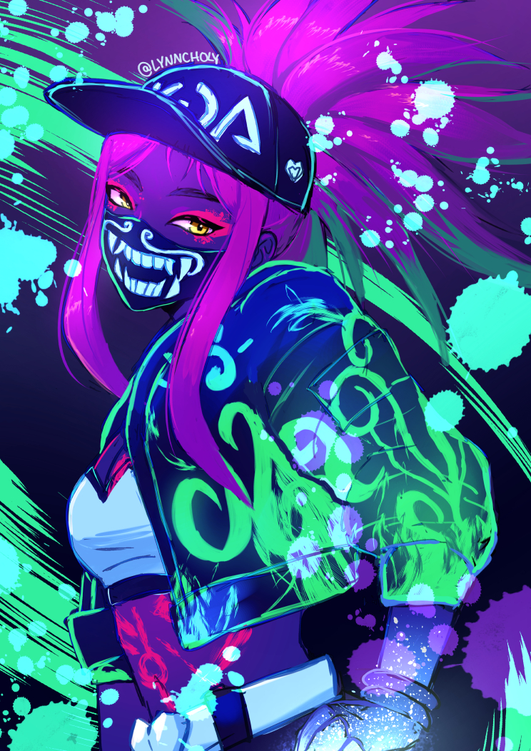 1girl akali bangs baseball_cap belt black_gloves bodypaint breasts cleavage commentary cropped_jacket english_commentary fingerless_gloves from_side gloves green_hair hat head_tilt idol jacket k/da_(league_of_legends) k/da_akali league_of_legends long_ponytail long_sleeves looking_at_viewer makeup mask meilynn-hayakan midriff multicolored_hair open_clothes open_jacket paint_splatter parted_bangs purple_background purple_hair reflective_eyes shiny shiny_hair sidelocks solo streaked_hair twitter_username ultraviolet_light upper_body yellow_eyes