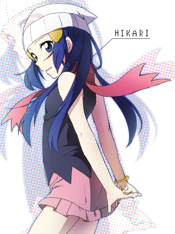 arched_back arms_behind_back bad_id bad_pixiv_id bare_arms bare_shoulders black_shirt blue_eyes blue_hair bracelet breasts character_name cowboy_shot dark_blue_hair eyebrows gensi hair_ornament hat hikari_(pokemon) interlocked_fingers jewelry long_hair miniskirt open_mouth pink_scarf pink_skirt poke_ball_theme pokemon pokemon_(game) pokemon_dppt scarf shirt skirt small_breasts smile solo standing straight_hair white_hat zoom_layer