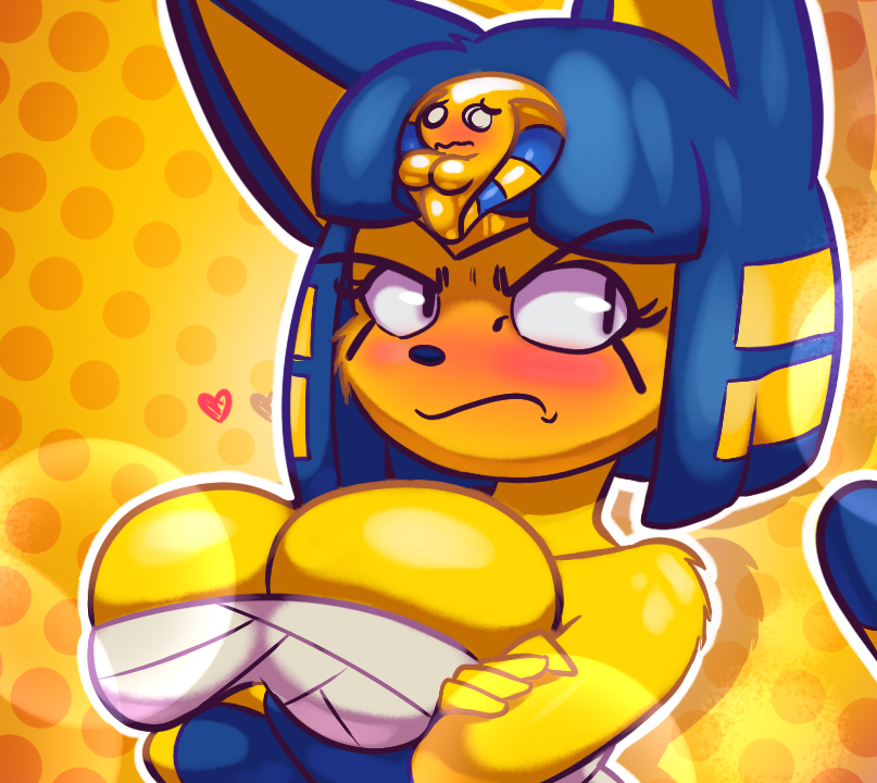 &lt;3 2018 angry animal_crossing ankha anthro big_breasts black_eyes blush breast_squish breasts cat clothed clothing cloud crossed_arms egyptian feline female fur hair hi_res huge_breasts lens_flare mammal nintendo outside portrait short_hair short_stack simple_background solo striped_tail stripes teckworks video_games wraps yellow_fur