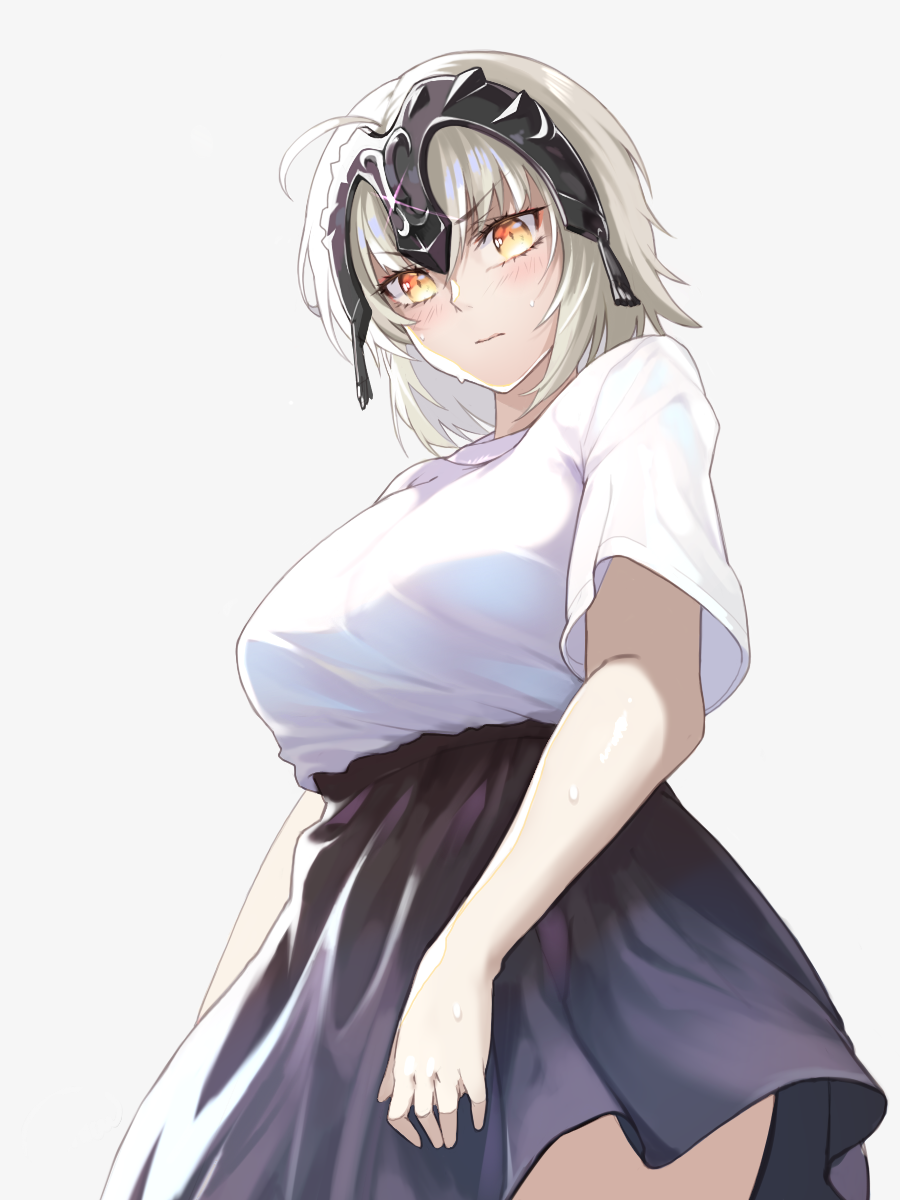 bangs black_skirt blush breasts closed_mouth commentary_request eyebrows_visible_through_hair fate/grand_order fate_(series) glint grey_background hair_between_eyes headpiece highres huyou_(awegk) jeanne_d'arc_(alter)_(fate) jeanne_d'arc_(fate)_(all) large_breasts long_hair looking_at_viewer looking_down revision shirt short_sleeves signature silver_hair simple_background skirt solo sweat white_shirt yellow_eyes