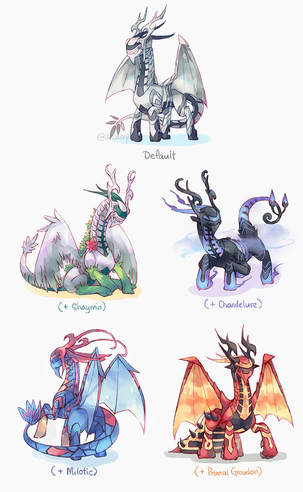 5others alternate_form anocurry antennae aura chandelure character_name claws company_connection creatures_(company) dragon feathers fire_emblem fire_emblem_if flower fusion game_freak gen_3_pokemon gen_4_pokemon gen_5_pokemon grey_background highres horns milotic multiple_others my_unit_(fire_emblem_if) nintendo pokemon pokemon_(creature) primal_groudon shaymin simple_background sitting spiked_tail spikes tail wings