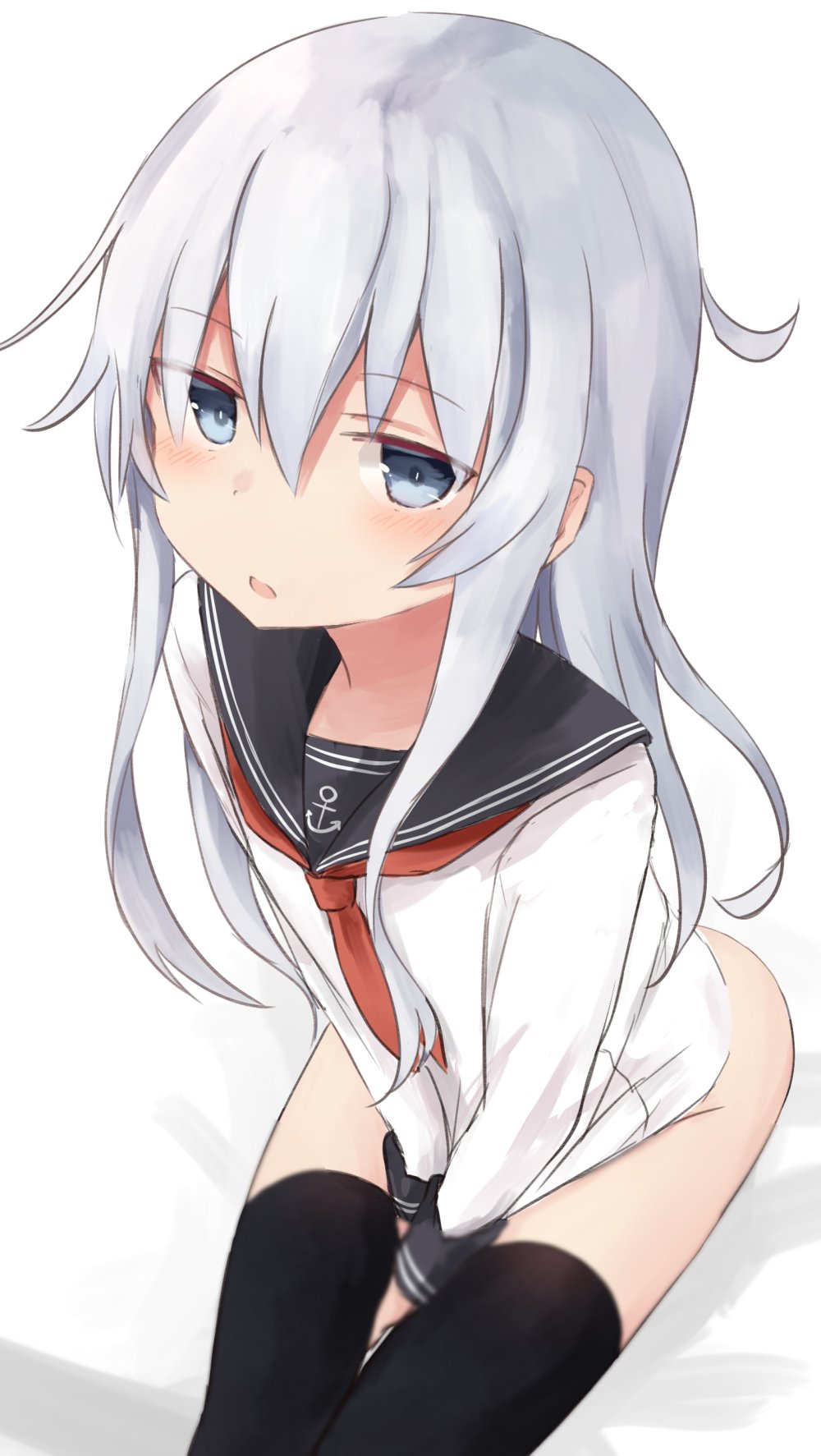 1girl :o anchor_symbol ass bangs between_legs black_legwear blue_eyes blush bottomless eyebrows_visible_through_hair hair_between_eyes hand_between_legs hibiki_(kantai_collection) highres kantai_collection long_hair long_sleeves looking_at_viewer open_mouth red_neckwear sailor_collar school_uniform serafuku silver_hair simple_background sitting solo thighhighs white_background yuki_(yukin0128)