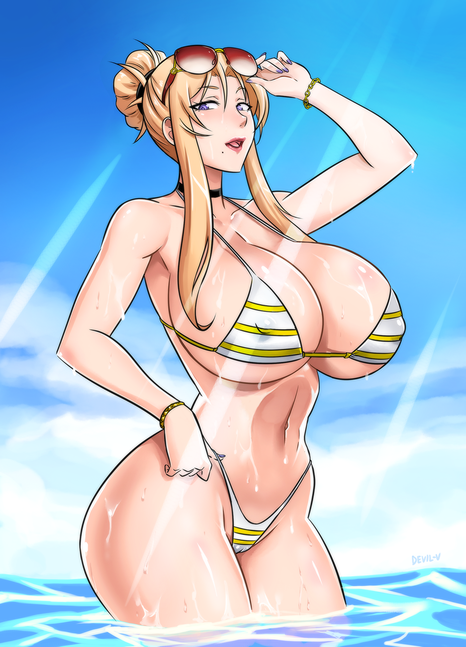 1girl bikini blonde_hair breasts cameltoe cleavage devil-v discipline erect_nipples huge_breasts long_hair looking_at_viewer morimoto_reina open_mouth purple_eyes smile solo standing swimsuit water wet