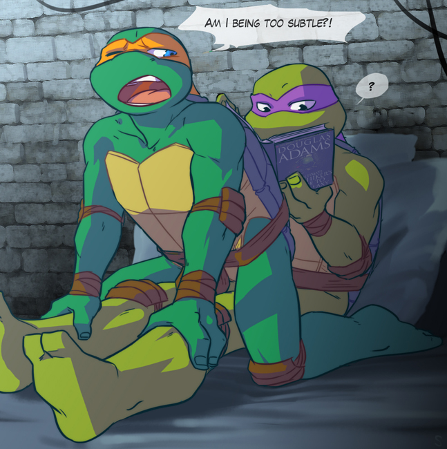 ? anthro bed bedroom biceps donatello_(tmnt) douglas_adams duo english_text grinding inside male male/male michelangelo_(tmnt) muscular reptile scalie sneefee teenage_mutant_ninja_turtles text the_hitchhiker's_guide_to_the_galaxy turtle