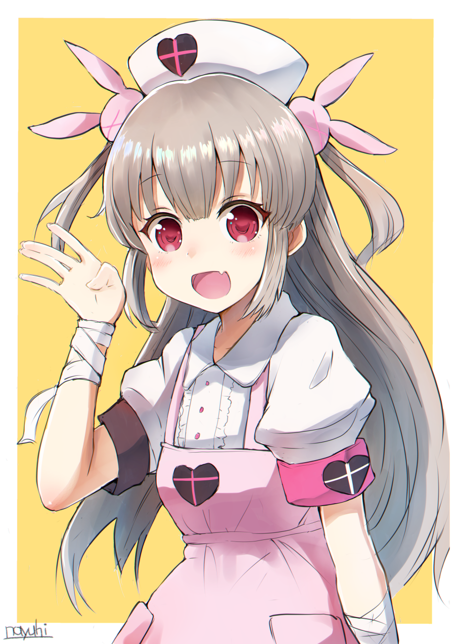 &gt;_&lt; :d apron arm_up armband artist_name bandaged_arm bandages bangs blush bunny_hair_ornament center_frills collarbone collared_shirt commentary_request eyebrows_visible_through_hair fang fingernails frills hair_between_eyes hair_ornament hat heart highres light_brown_hair long_hair natori_sana nayuhi_(yukimuu14) nurse_cap open_mouth pink_apron puffy_short_sleeves puffy_sleeves red_eyes sana_channel shirt short_sleeves signature smile solo two_side_up very_long_hair virtual_youtuber white_hat white_shirt