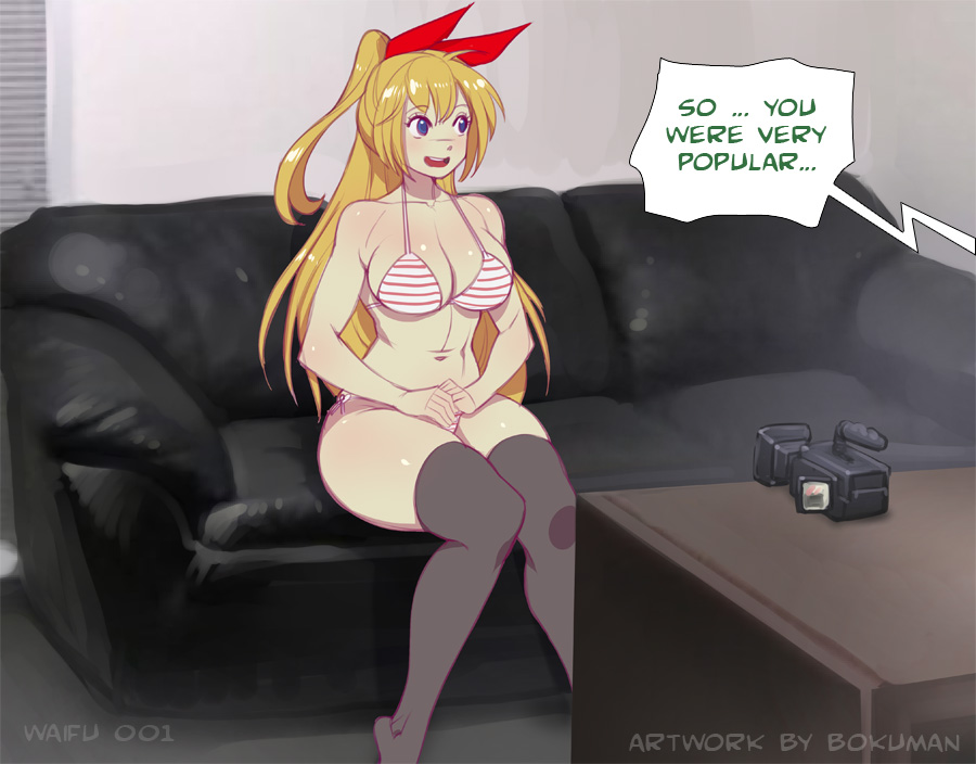 1girl belly blonde_hair blue_eyes bokuman bow bra breasts couch desk eyebrows hair_bow kirisaki_chitoge nisekoi open_mouth panties sitting stomach text_focus underwear