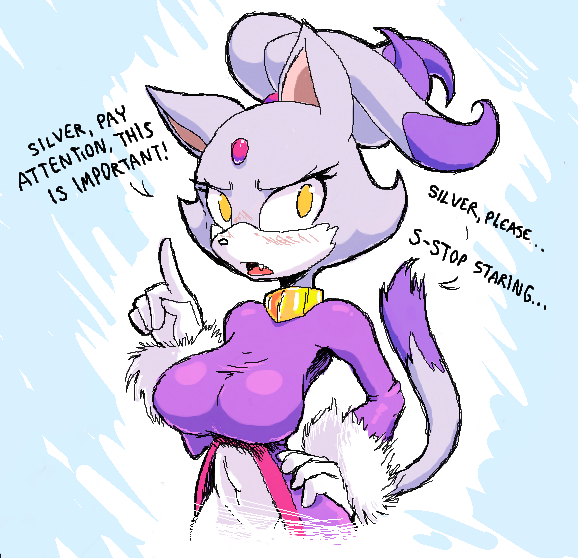 anthro big_breasts blaze_the_cat blush breasts cat clothed clothing coat dipstick_tail embarrassed english_text fangs feline female frustrated fur gloves hair hairband hand_on_hip jewelry mammal multicolored_tail pointing ponytail purple_fur purple_hair sonic_(series) teckworks text yellow_eyes