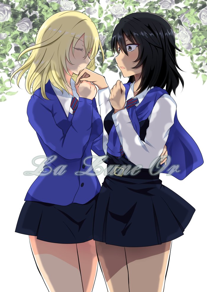 andou_(girls_und_panzer) bangs bc_freedom_school_uniform black_hair black_skirt black_vest blonde_hair blue_eyes blue_neckwear blue_sweater brown_eyes cardigan chikomayo closed_eyes closed_mouth commentary_request cover cover_page cowboy_shot cursive dark_skin diagonal_stripes doujin_cover dress_shirt eyebrows_visible_through_hair floral_background french girls_und_panzer hand_kiss kiss long_sleeves looking_at_another medium_hair messy_hair miniskirt multiple_girls necktie open_mouth oshida_(girls_und_panzer) pleated_skirt red_neckwear school_uniform shirt skirt smile standing striped striped_neckwear sweater sweater_around_neck vest white_shirt wing_collar yuri