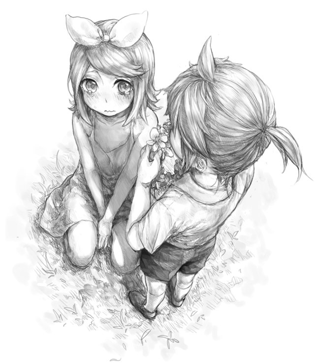 1girl bad_id bad_pixiv_id blush brother_and_sister comforting flower flower_bracelet flower_wreath formalin from_above greyscale hair_ribbon head_wreath kagamine_len kagamine_rin monochrome ponytail ribbon short_hair siblings sitting standing tears traditional_media twins v_arms vocaloid wavy_mouth