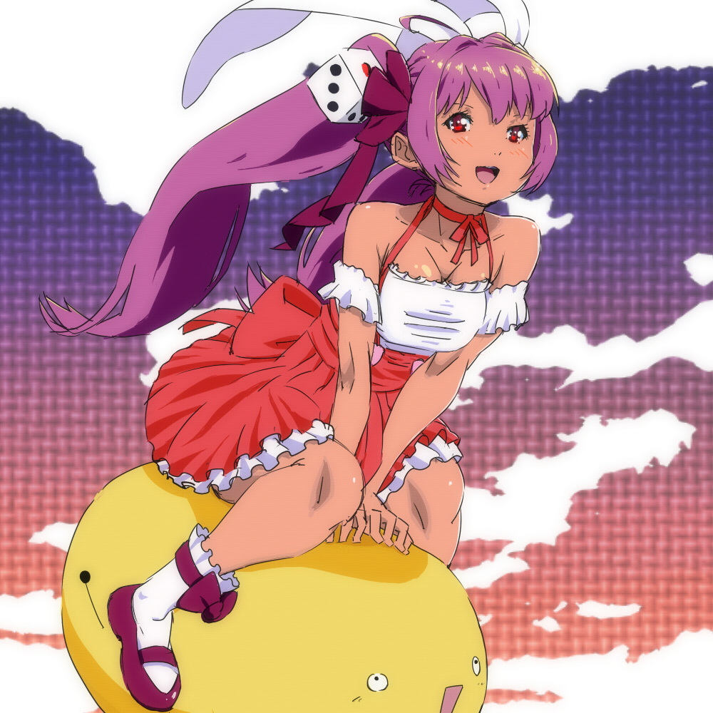 animal_ears anime_coloring bare_shoulders bunny_ears cloud cyt di_gi_charat dice_hair_ornament flying gema hair_ornament knees mary_janes open_mouth pink_hair red_eyes riding shoes sitting socks twintails usada_hikaru