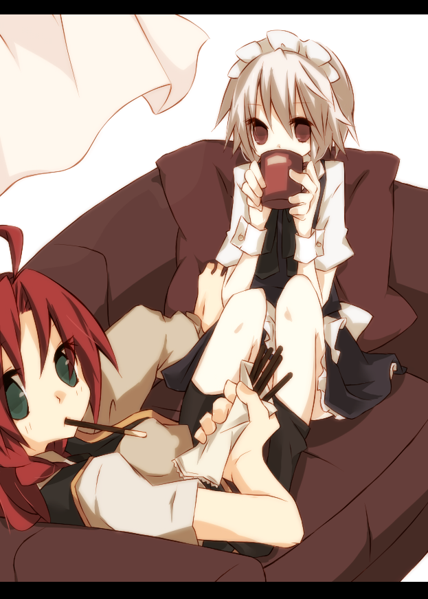 ahoge brown_eyes couch cup drinking food green_eyes hong_meiling izayoi_sakuya letterboxed mondo_pop mouth_hold mug multiple_girls pocky red_hair silver_hair sitting touhou