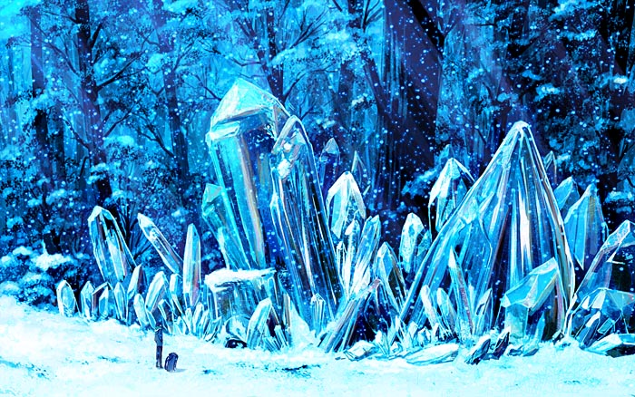1boy bad_id bad_pixiv_id blue crystal forest landscape nature original scenery snow snowing
