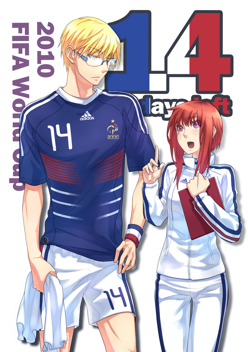 1girl 2010_fifa_world_cup bad_id bad_pixiv_id bliss_(ferment_factory) blonde_hair france glasses highres original pink_eyes red_hair short_hair shorts world_cup yellow_eyes