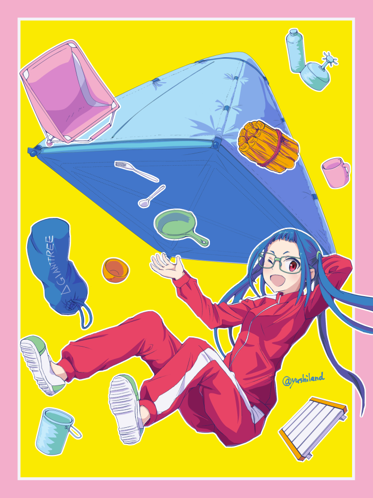 ;d bag blue_hair cup floating floating_object fork frying_pan glasses kindling mug one_eye_closed oogaki_chiaki open_mouth red_eyes simple_background skillet smile solo spoon tent track_suit twintails yurucamp yusshii