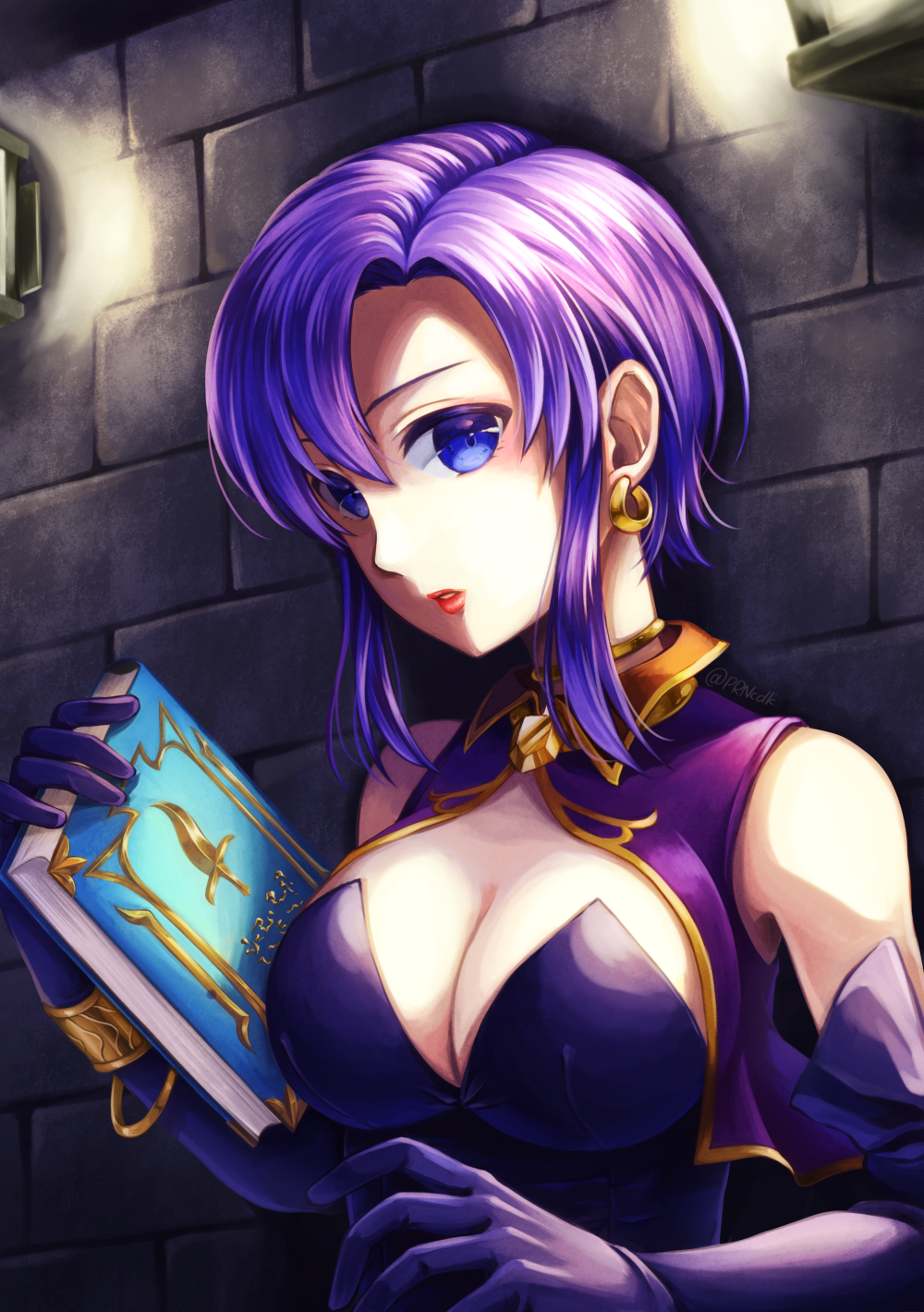 artist_name bangle bare_shoulders blue_eyes book bracelet breasts brick_wall choker cleavage commentary_request earrings elbow_gloves fire_emblem fire_emblem:_rekka_no_ken gloves highres holding holding_book jewelry large_breasts parune_chigetsu purple_eyes purple_gloves purple_hair short_hair signature solo twitter_username ursula_(fire_emblem)