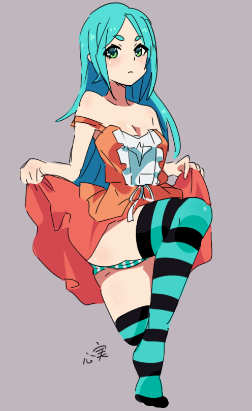 :| blue_hair blush monogatari_(series) ononoki_yotsugi panties skirt_lift tagme thighhighs