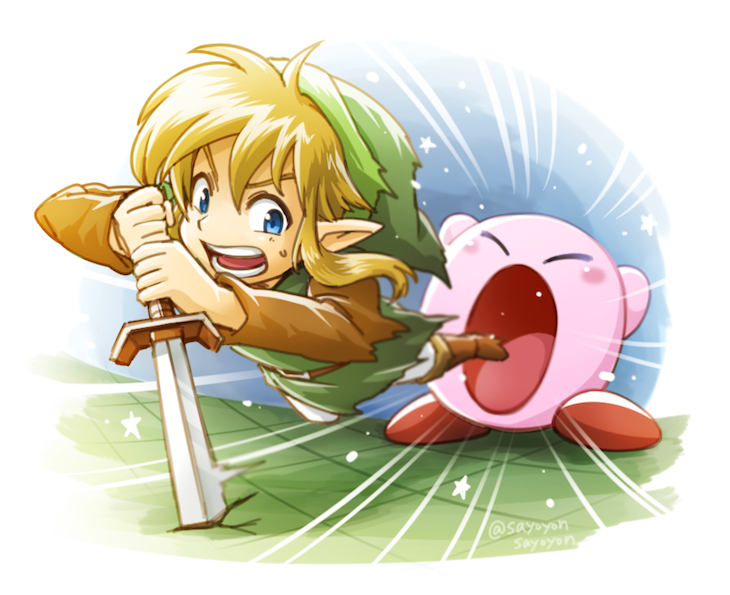 1boy 1other absorbing blonde_hair blue_eyes copy_ability hat kirby_(series) link long_hair male_focus nintendo open_mouth pointy_ears sayoyonsayoyo short_hair simple_background spoilers sword the_legend_of_zelda the_legend_of_zelda:_link's_awakening tunic weapon