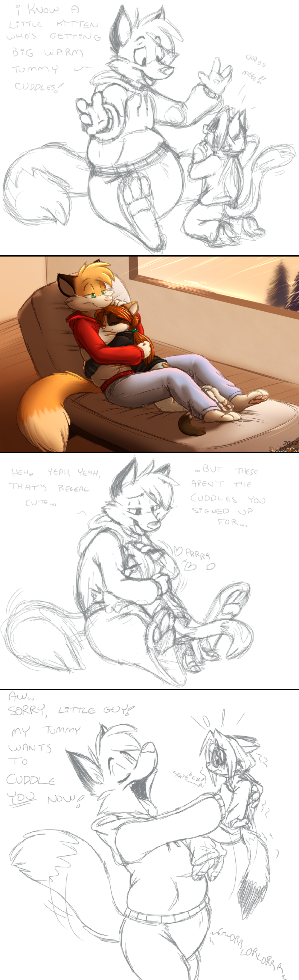 anthro barefoot canine cat clothing comic cuddling detailed_background duo english_text feline kitsune_zero line_art male male_pred male_prey mammal oral_vore scott scott_calico simple_background sketch text vore wolf