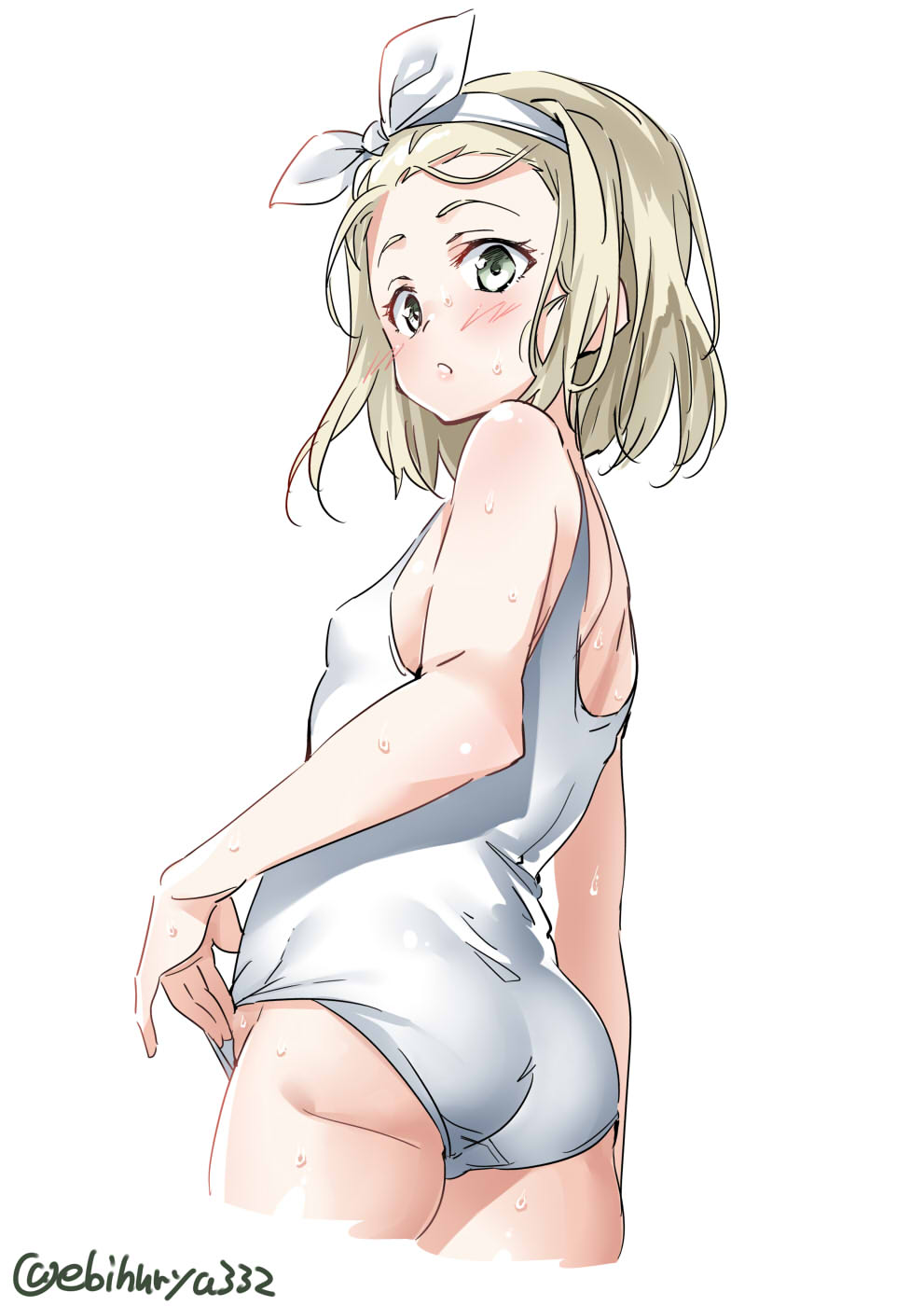 ass blonde_hair blush cowboy_shot cropped_legs ebifurya from_behind green_eyes hairband highres i-504_(kantai_collection) kantai_collection looking_back luigi_torelli_(kantai_collection) one-piece_swimsuit school_swimsuit short_hair simple_background solo standing swimsuit twitter_username white_background white_hairband white_school_swimsuit white_swimsuit
