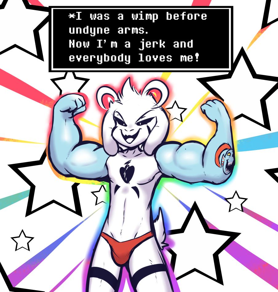 2018 anthro asriel_dreemurr asriel_dreemurr_(god_form) black_sclera boss_monster bovid bulge caprine clothed clothing crackers dialogue english_text flexing fur goat humor long_ears male mammal muscular nipples open_mouth rainbow simple_background skimpy smug solo text tongue undertale underwear undyne video_games white_fur