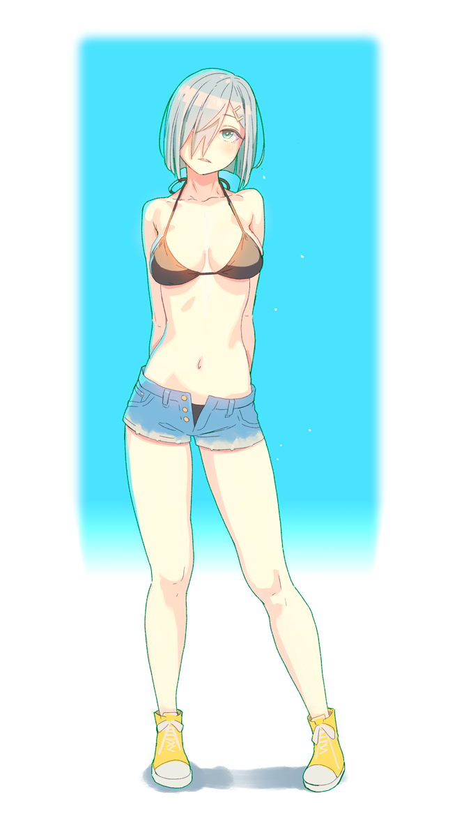 arms_behind_back bikini black_bikini blue_background blue_eyes breasts cleavage collarbone denim denim_shorts full_body gradient gradient_background hair_ornament hair_over_one_eye hairclip hamakaze_(kantai_collection) highres kantai_collection navel shoes short_hair short_shorts shorts sneakers solo standing swimsuit two-tone_background white_background white_hair yellow_footwear yuuji_(and)