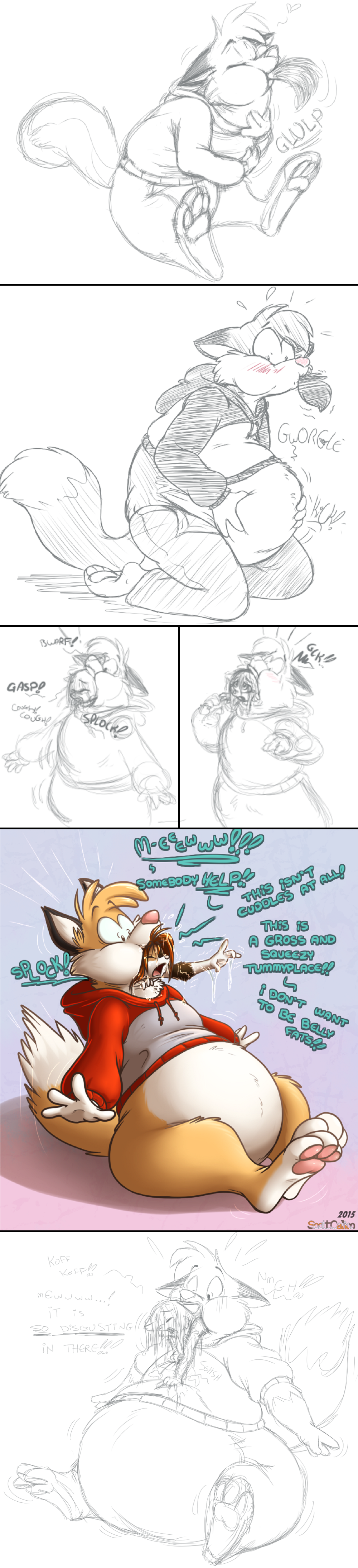 anthro barefoot belly canine cat clothing comic duo english_text feline forced kitsune_zero line_art male male_pred male_prey mammal oral_vore scott scott_calico simple_background sketch struggling text vore wolf