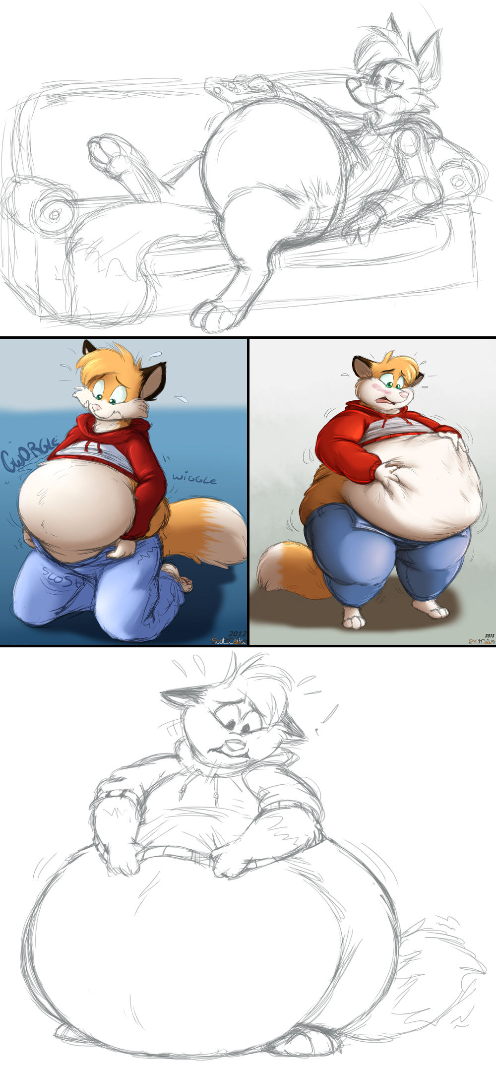 anthro barefoot belly bulge canine cat clothing comic death digestion duo english_text feline kitsune_zero line_art male male_pred mammal scott scott_calico simple_background sketch struggling text vore wolf
