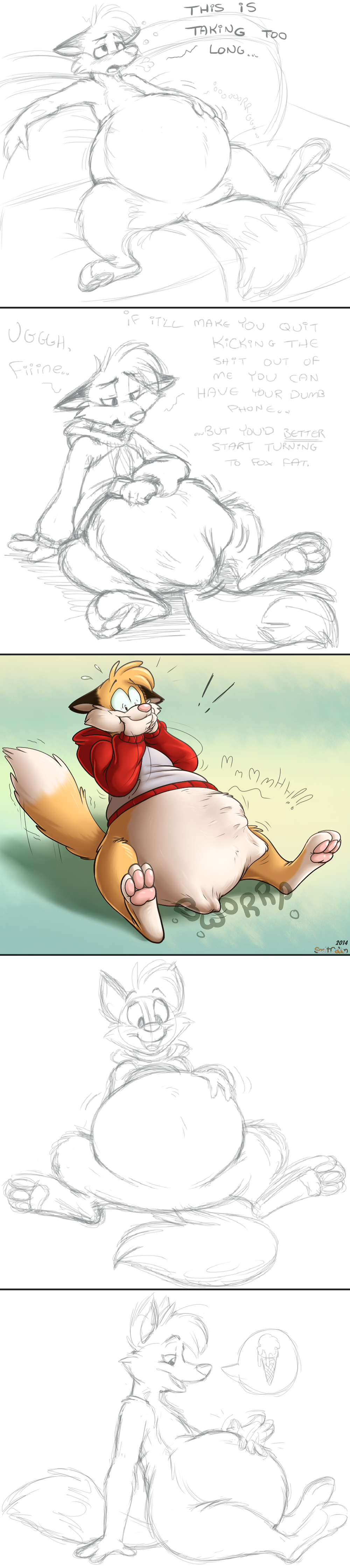 anthro barefoot belly bulge canine cat clothing comic digestion duo english_text feline kitsune_zero line_art male male_pred mammal scott scott_calico simple_background sketch struggling text vore wolf