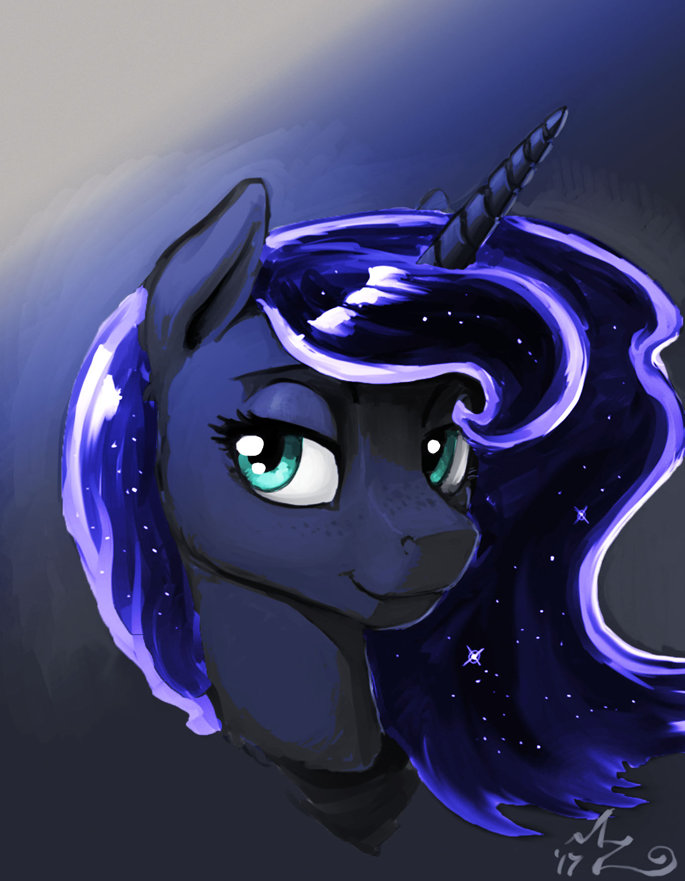 2018 amarynceus color_edit colored cosmic_hair edit equine eyebrows eyelashes female feral freckles friendship_is_magic gradient_background headshot_portrait hi_res horn mammal my_little_pony portrait princess_luna_(mlp) signature simple_background smile solo teal_eyes