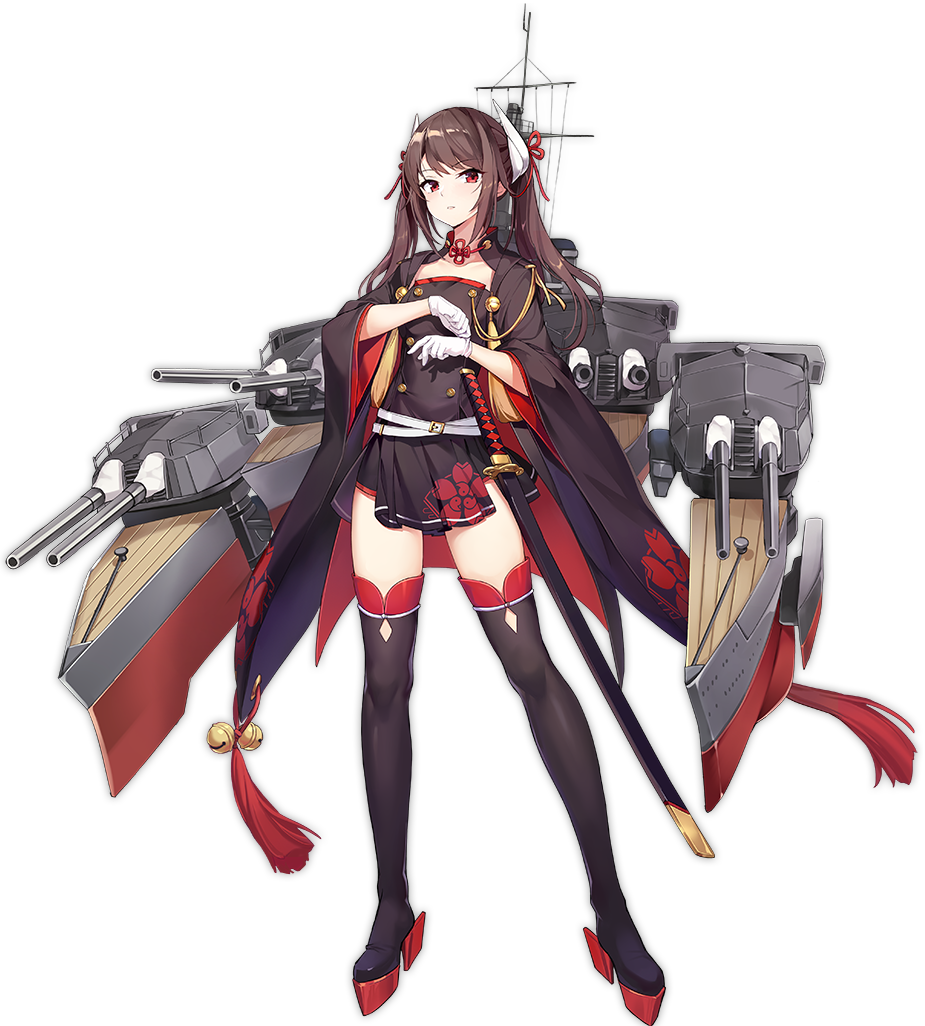 azur_lane bangs bell belt belt_buckle black_dress black_legwear brown_hair buckle collarbone criin dress eyebrows eyebrows_visible_through_hair full_body gloves haruna_(azur_lane) jingle_bell katana legs_apart long_hair long_sleeves loose_belt machinery magatama mitsudomoe_(shape) official_art oni_horns red_eyes sheath sheathed short_dress solo standing swept_bangs sword tachi-e tassel thighhighs tomoe_(symbol) transparent_background turret twintails weapon white_belt white_gloves wide_sleeves zettai_ryouiki