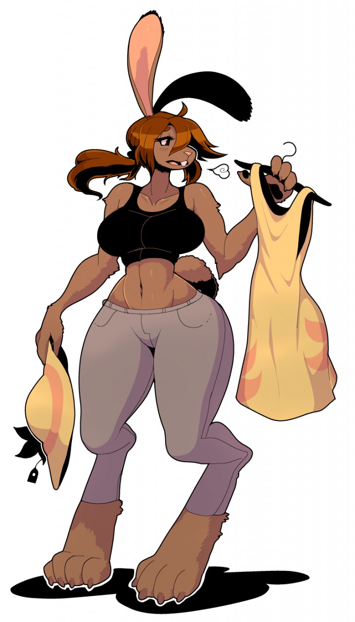 4_fingers 4_toes anthro big_ears brown_fur brown_hair buckteeth clothed clothing crop_top digitigrade female fur hair hair_over_eye hat holding_object hypnofood lagomorph long_hair mammal midriff navel pants paws shirt solo sundress teeth toes wide_hips