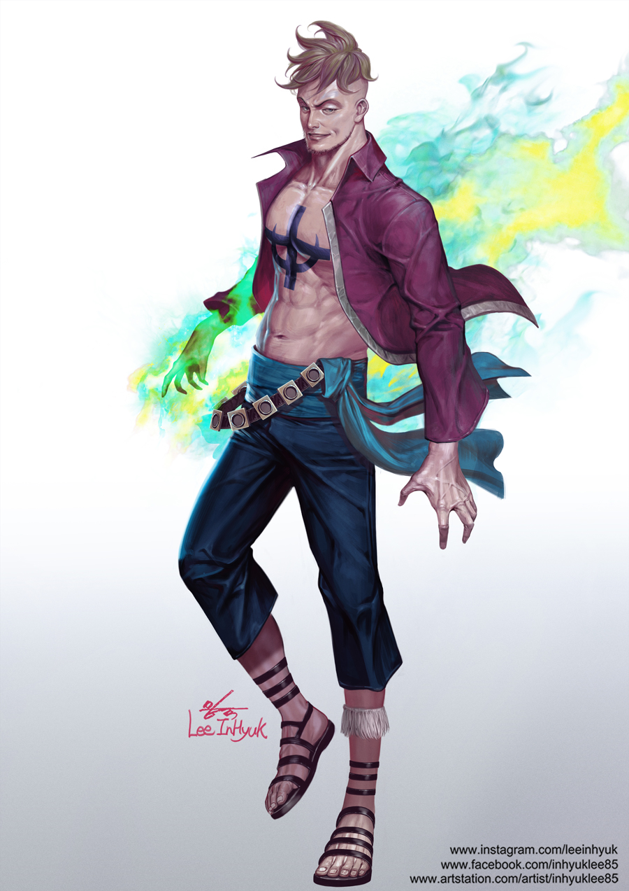 abs aura brown_hair burning_hand collarbone energy facial_hair goatee gradient gradient_background highres in-hyuk_lee jacket male_focus marco navel one_piece open_clothes open_jacket sandals signature smile solo standing standing_on_one_leg veins watermark web_address