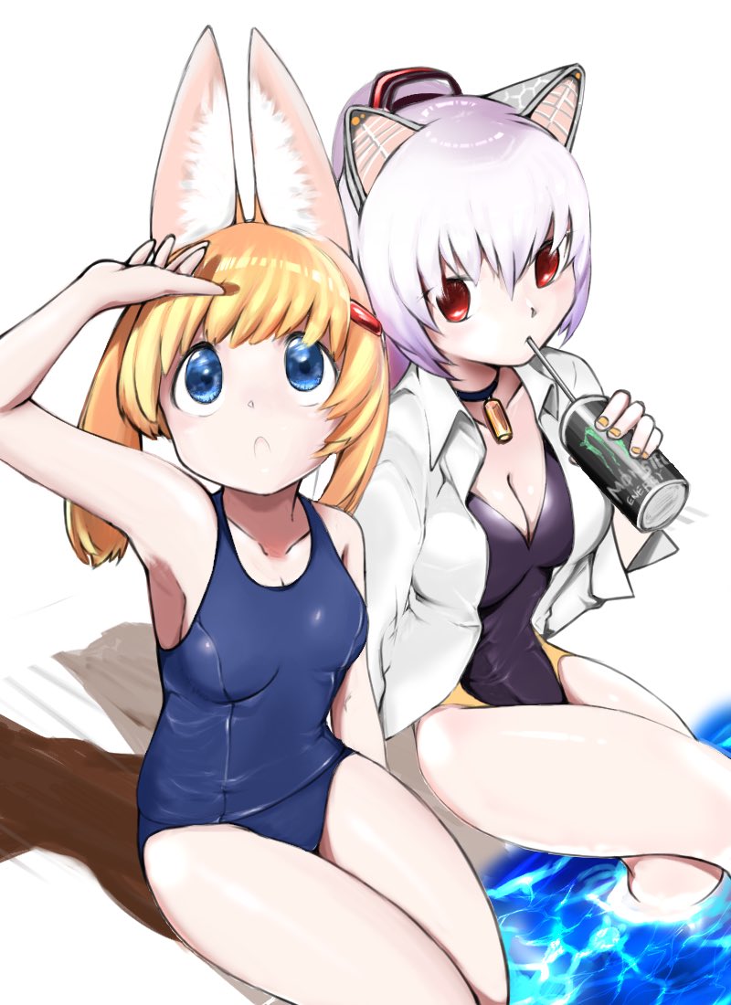 animal_ear_fluff animal_ears armpits bangs black_swimsuit blue_eyes blue_swimsuit blush breasts cat_ears cleavage collar commentary competition_swimsuit drinking drinking_straw eyebrows_visible_through_hair fox_ears from_above hair_ornament hairclip jacket jacket_over_swimsuit kemomimi_oukoku_kokuei_housou large_breasts looking_up mikoko_(kemomimi_oukoku_kokuei_housou) monster_energy multiple_girls nora_cat nora_cat_channel one-piece_swimsuit ponytail poolside red_eyes robot_ears school_swimsuit shichisei_nanakusa sideboob silver_hair swimsuit thighs virtual_youtuber water white_jacket
