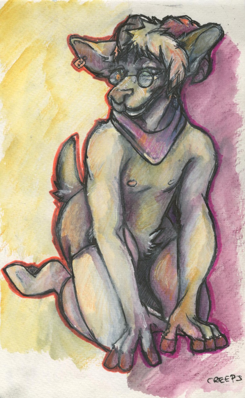ambiguous_gender anthro big_ears biped butt caprine clothed clothing creeps dim333 ear_tag eyewear glasses goat hair hooves horn kneeling legwear male mammal mostly_nude neckwear nipples nub_tail outline partially_clothed pink_clothing pink_nipples pink_outline pinup plantigrade pose red_outline scarf snout solo stockings traditional_media_(artwork) watercolor_(artwork) white_clothing