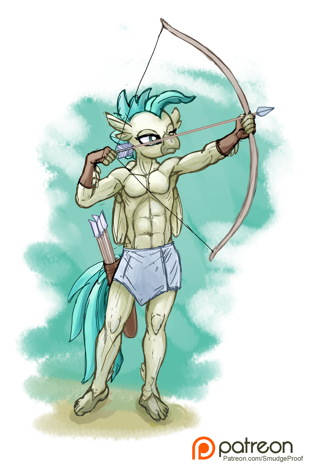 aiming alpha_channel anthro anthrofied archer avian clothed clothing featureless_chest friendship_is_magic hippogryph invalid_tag loincloth male my_little_pony navel patreon plantigrade simple_background sketch smudge_proof teenager terramar topless transparent_background young