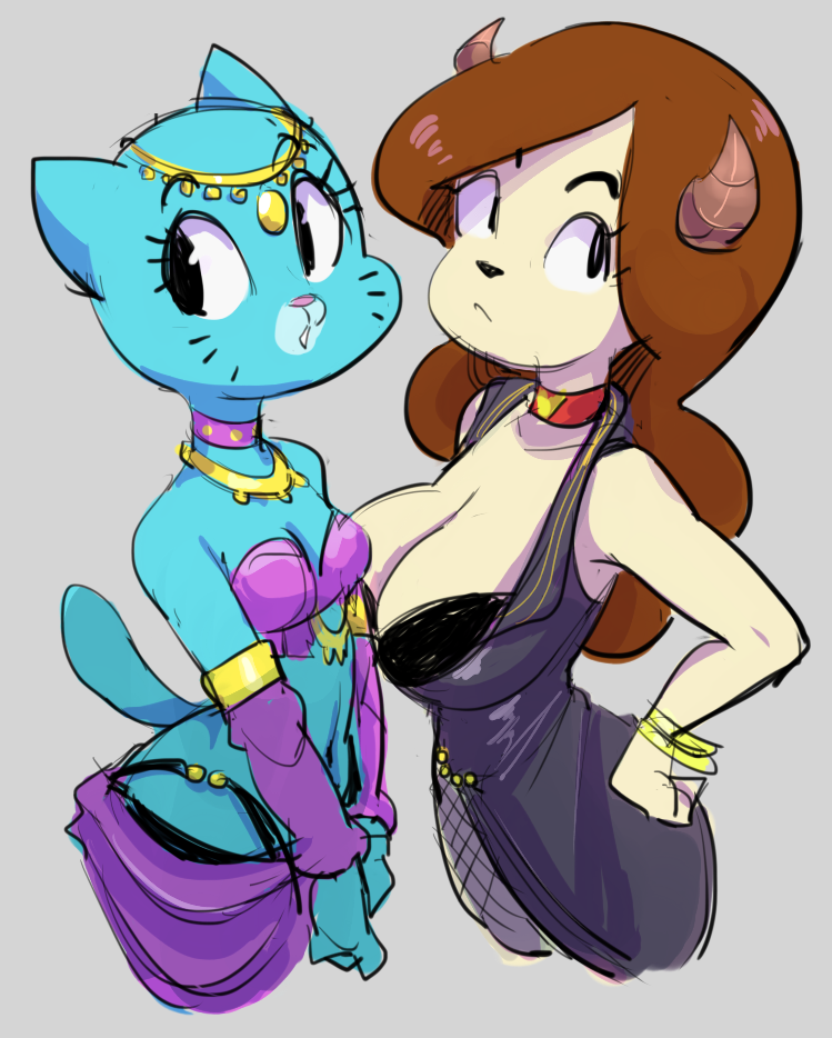 2018 alternate_costume anthro blue_fur breasts brown_hair cartoon_network cat choker chun-ni cleavage clothed clothing cosplay crossover dbaru digital_media_(artwork) dragon_quest duo feline female fur hair hi_res long_hair looking_at_viewer mammal martina mature_female miracle_star navel nicole_watterson pose senya tan_fur the_amazing_world_of_gumball video_games whiskers