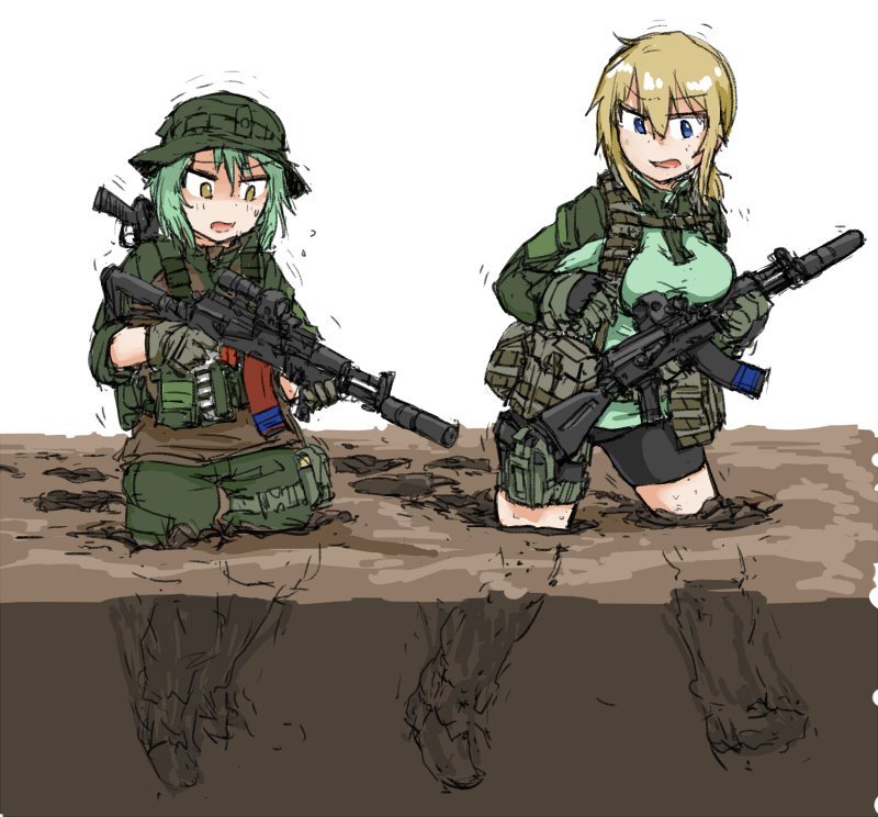 2girls dutchko gun lita_(dutchko) military_uniform mud multiple_girls russia simple_background vesna_(dutchko)
