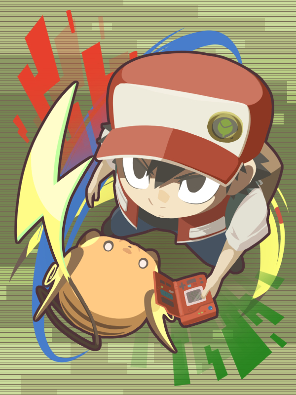 :3 backpack bag bangs baseball_cap black_eyes black_footwear black_hair blue_pants cafe_(chuu_no_ouchi) closed_mouth from_above gen_1_pokemon hair_between_eyes hat holding legs_apart male_focus no_pupils open_clothes open_vest pants pokedex pokemon pokemon_(creature) pokemon_(game) pokemon_rgby raichu red_(pokemon) red_(pokemon_rgby) red_hat red_vest shirt shoes short_hair short_sleeves standing vest