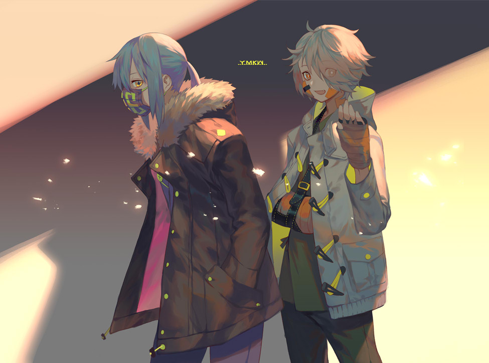 2girls :d bandaid bandaid_on_face black_coat blonde_hair blue_hair bright_pupils cast coat eyes_visible_through_hair from_side fur_trim green_pants green_shirt hand_up long_sleeves looking_at_viewer multiple_girls open_clothes open_coat open_mouth orange_eyes original pants purple_pants shirt short_hair smile surgical_mask twintails waving white_coat yamakawa
