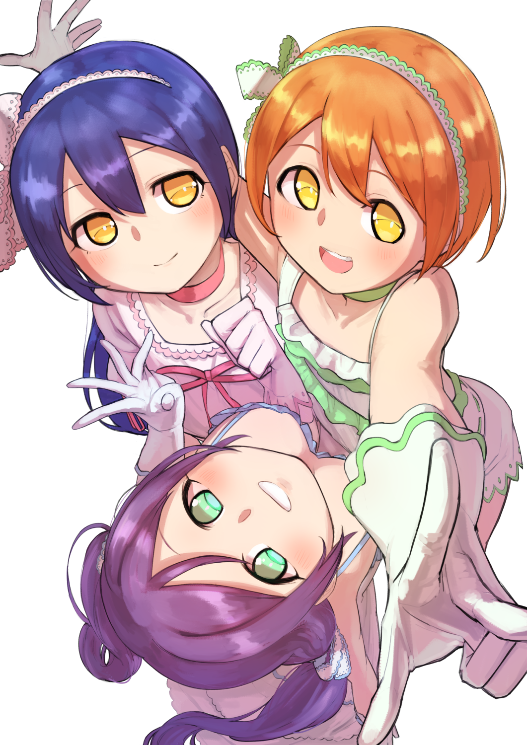 bangs blue_hair blush choker commentary_request dress from_above gloves goe_(g-o-e) green_eyes hair_between_eyes hair_ribbon highres hoshizora_rin lily_white_(love_live!) long_hair looking_at_viewer love_live! love_live!_school_idol_project low_twintails multiple_girls open_mouth orange_hair purple_hair ribbon scrunchie shiranai_love_oshiete_love short_hair simple_background smile sonoda_umi toujou_nozomi twintails white_background yellow_eyes