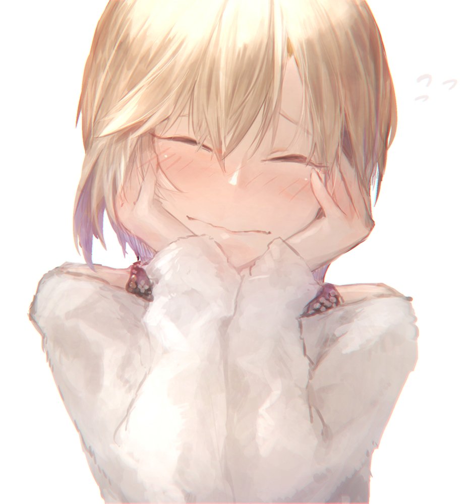 aiba_yumi bare_shoulders blonde_hair blush closed_eyes commentary_request flying_sweatdrops hands_on_own_cheeks hands_on_own_face holysnow idolmaster idolmaster_cinderella_girls off-shoulder_sweater short_hair simple_background smile solo sweater upper_body wavy_mouth